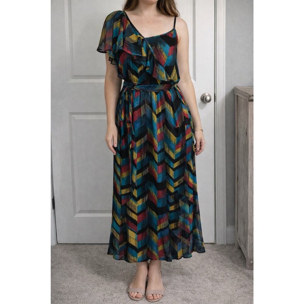 Allen B Schwartz Size 8 One Shoulder Chevron Ruffle Maxi Dress Multicolor